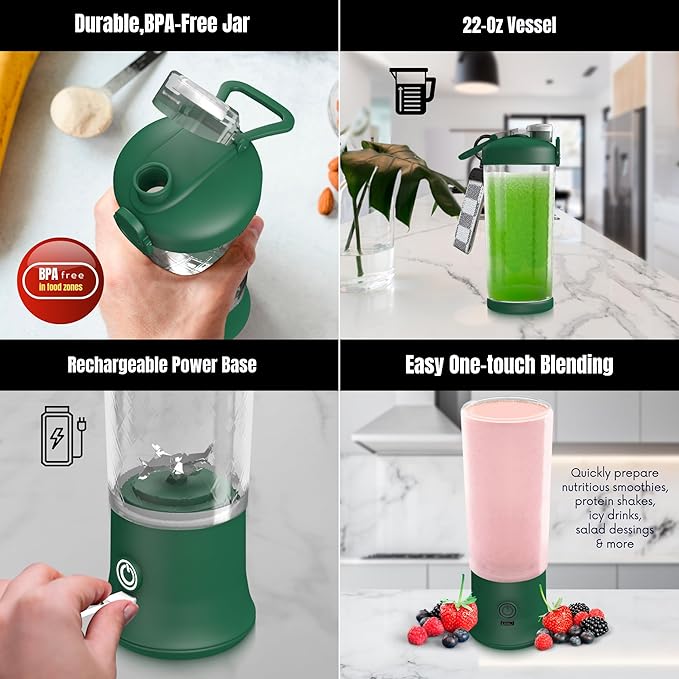 SSKAWorldwide Portable Blender - 21oz Smoothie Blender Rechargeable Small Blender with 6 Blades Personal Blender for Home Office Gym Sports and Travel (Green)