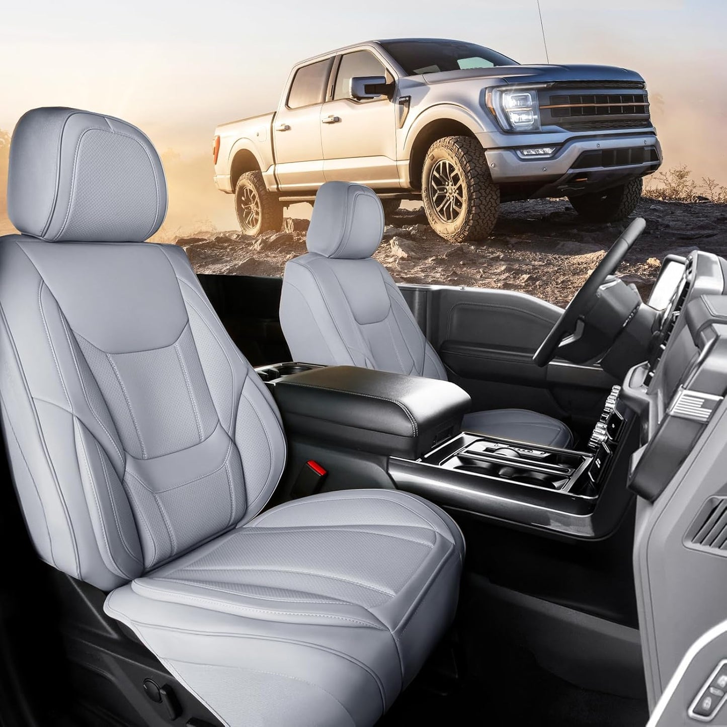 Coverland Custom Car Seat Covers Compatible with Colorado, Ram 1500, Canyon, Sierra 1500 - Premium Leather Non-Slip Waterproof Interior Protector Front Seat-Gray [See Size Chart-Size A11]