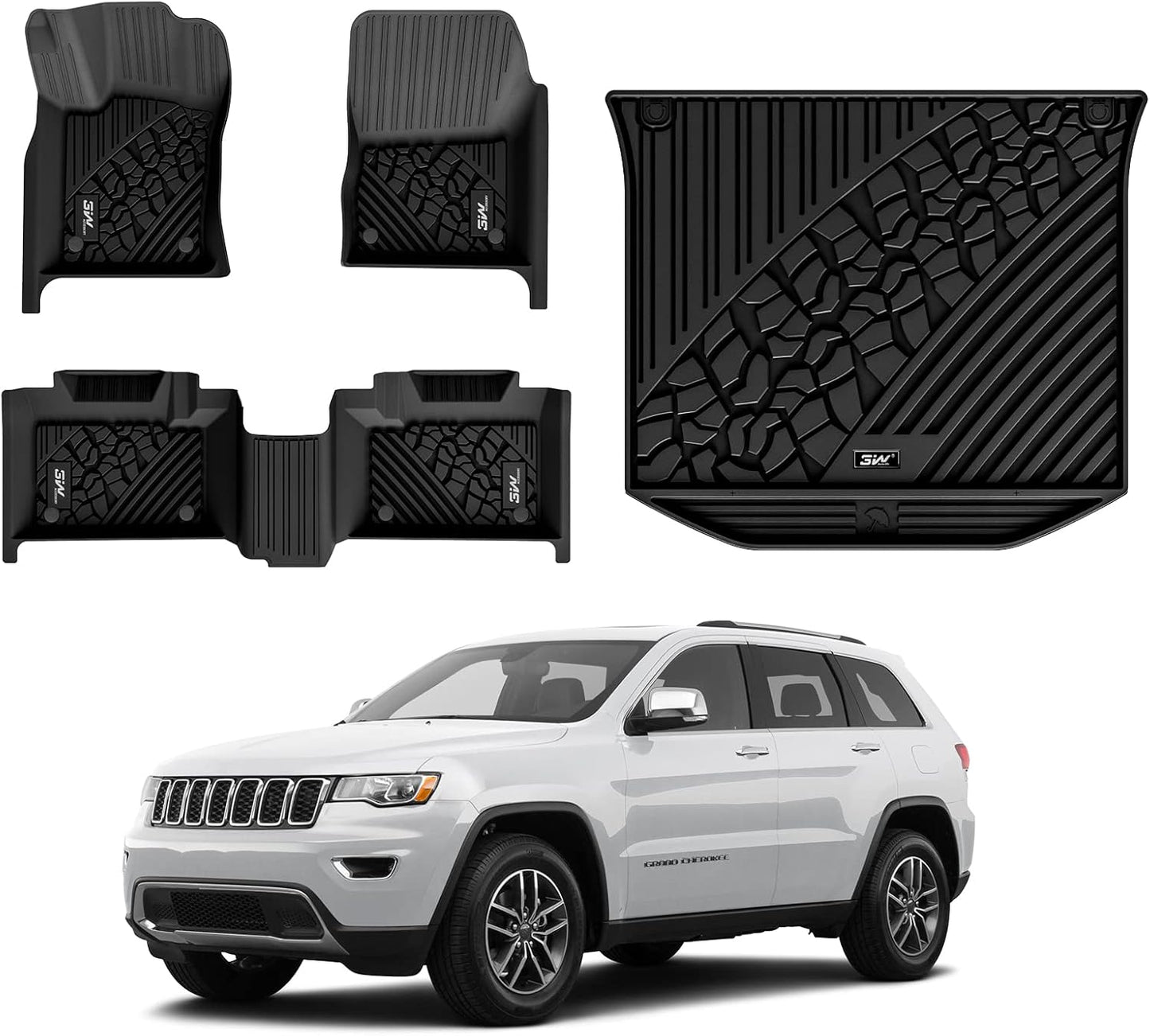 3W Floor Mats & Cargo Liner Fit for Jeep Grand Cherokee 2016-2021/ Grand Cherokee WK 2022 2023 (Non L), TPE All Weather Custom Fit 1st and 2nd Rows Car Mats and Trunk Liner, Black