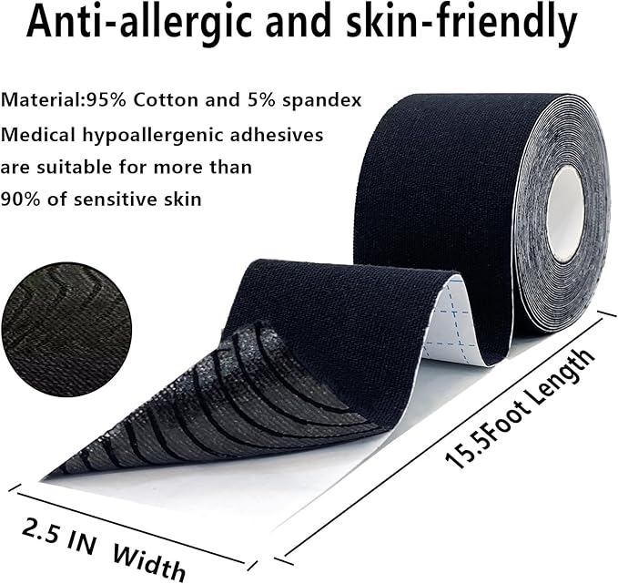Kinesiology Tape Pro 2 Rolls, 2 Inch High Elasticity Sports Tape Therapeutic Pain Relief–Physio Tape for Muscle Recovery & Joint Support, Waterproof & Hypoallergenic & Breathable–Black