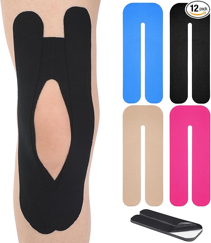 12 Pcs Precut Kinesiology Tape for Knees Waterproof Sport Knee Tape Elastic Breathable Latex-Free Athletic Tape Knee Pain Relief Tape for Knee Tendons Support Strips Fitness(Black)