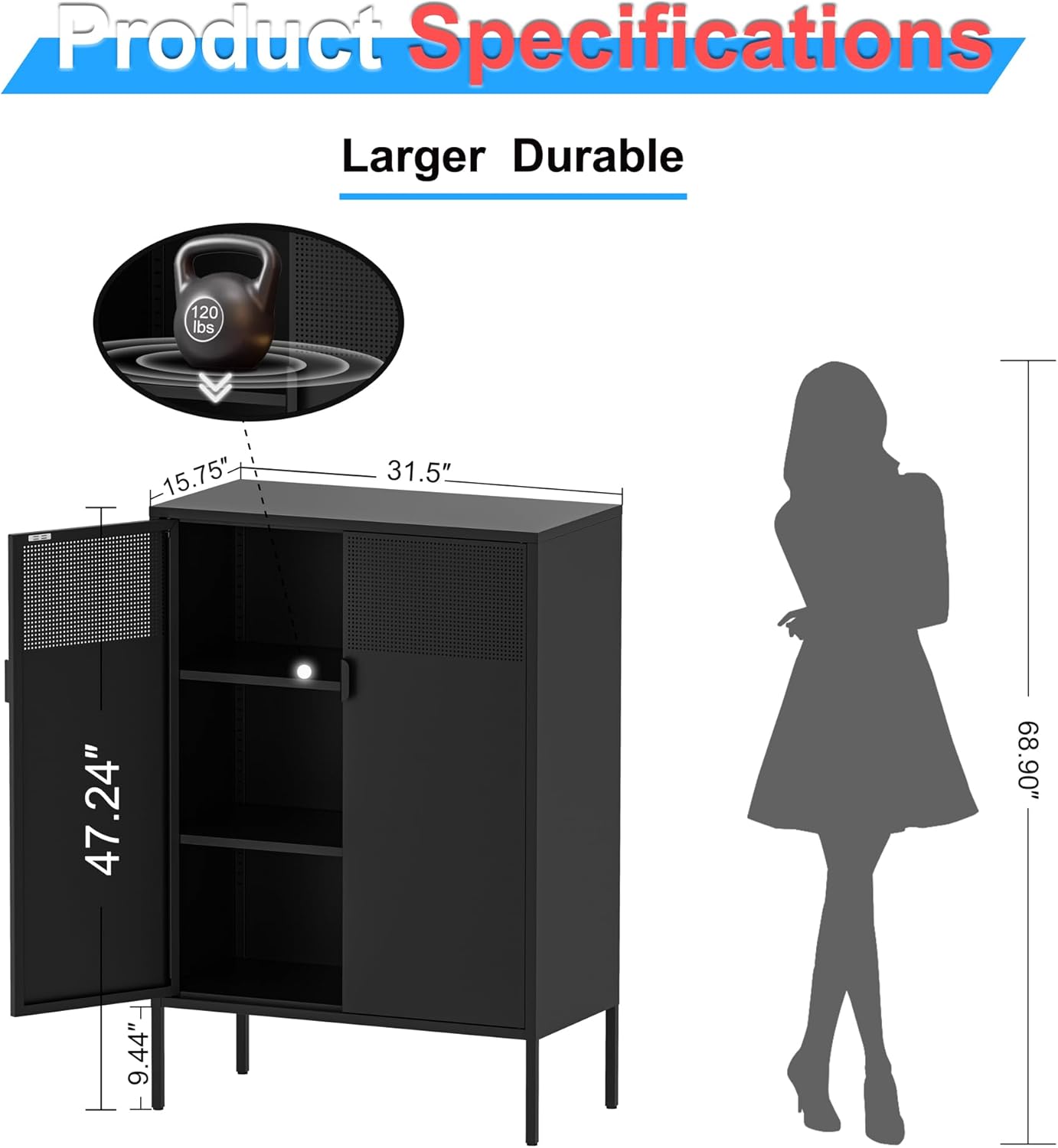 2 Mesh Door Metal Storage Cabinet with Adjustable Shelves, Multipurpose Black Storage Cabinet, 3-Tier Office Cabinet,Metal Storage Cabinet for Office Home,Hallway(Black, 47''H)