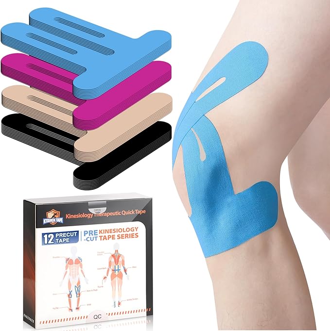 Kinesiology Tape for Knees Pre Cut, 12 PCS Upgrade KTQUICK Knee Tape For Knee Pain Relief Pre Cut, Original Cotton Knee Tape, Flexible & Durable Sports Tape for Support & Comfort During Workouts, Blue