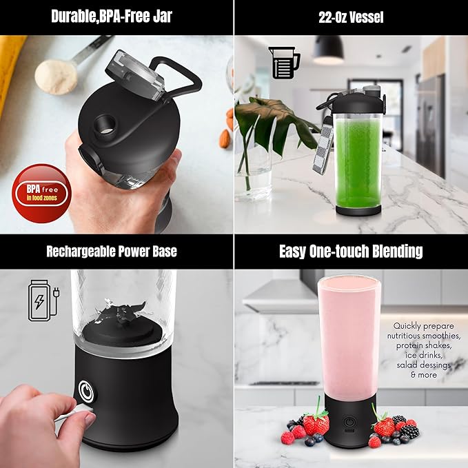 SSKAWorldwide Portable Blender - 21oz Smoothie Blender Rechargeable Small Blender with 6 Blades Personal Blender for Home Office Gym Sports and Travel (Black)
