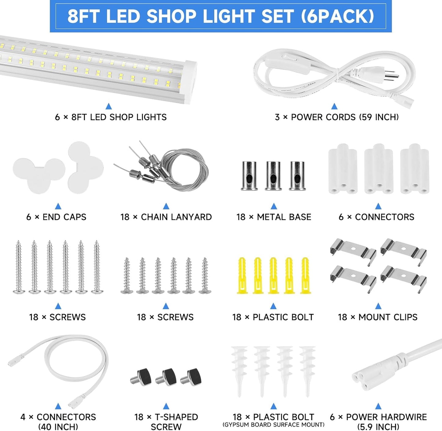 8FT U Shape 125W Integrated Tube Bright LED Light, 6500K Clear White, 20000LM - Flush Mount/Hanging Linkable LED Ceiling Lights for Garage, Plug&Play, 6 Pack