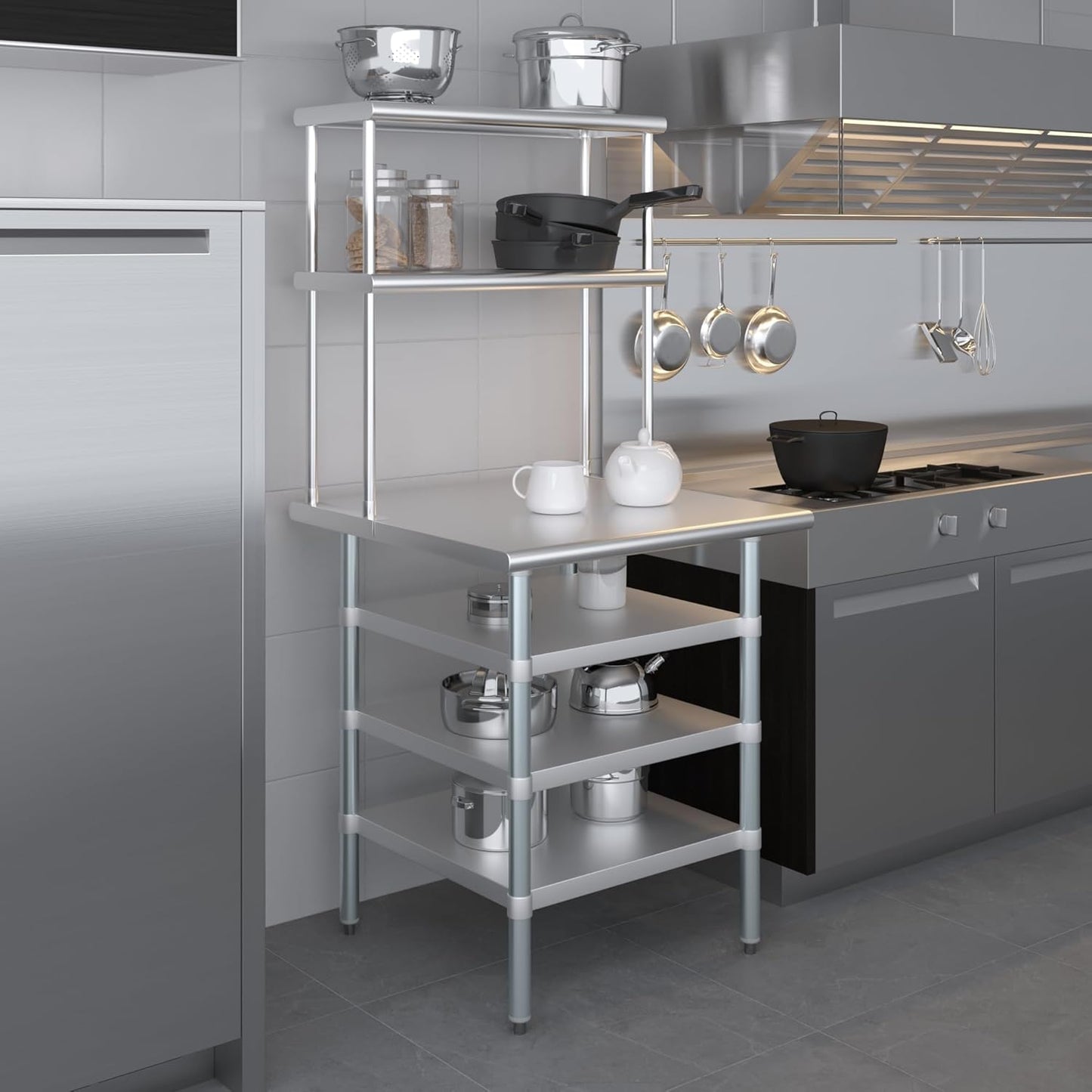 Amgood 30" x 30" Stainless Steel Work Table with 3 Shelves and 12" Wide Double Tier Overshelf | Metal Kitchen Prep Table & Shelving Combo | NSF