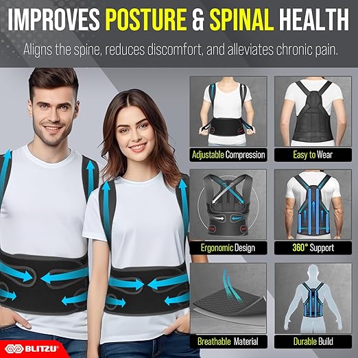 BLITZU Back Brace Posture Corrector for Women and Men. Shoulder Straightener, Adjustable Full Back Support. Upper and Lower Back Pain Relief for Neck Hump, Scoliosis, Spine, Hunchback Correction. M