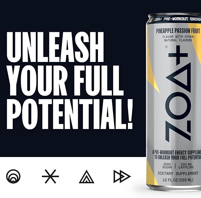 ZOA+ Pre-Workout Energy Drink Supplement - NSF Certified for Sport with Zero Sugar, Nitric Oxide Support, B & D Vitamins, Amino Acids, and Electrolytes (Pineapple Passion Fruit) - 12 pack