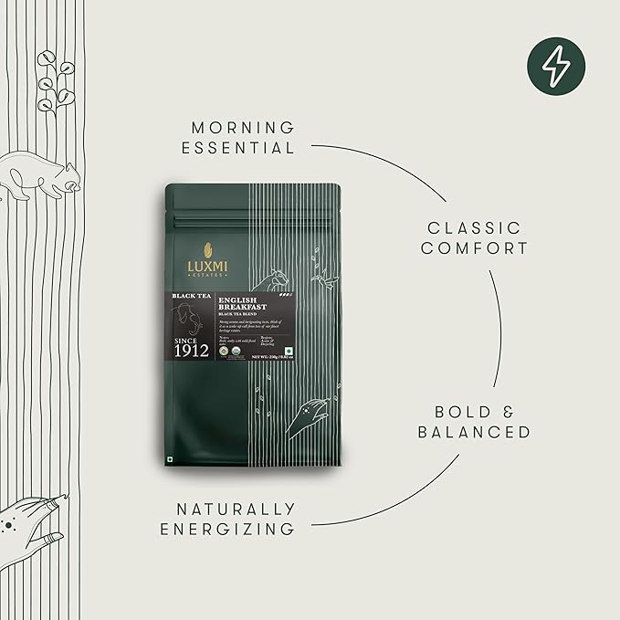 Luxmi Estates English Breakfast Tea 250g Loose Leaf Tin | A Tale of Two Estates | Certified Organic Black Tea leaf | Smooth, Flavorful, Robust, Caffeinated | Darjeeling & Assam Tea from India | 125 Cups