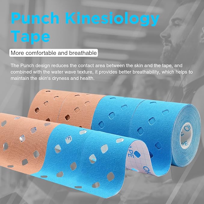 OK TAPE Punch Kinesiology Tape, Punch Hole Athletic Tape for Joints Support & Muscle Pain Relief,2 Rolls Blue,2in x 16.4ft