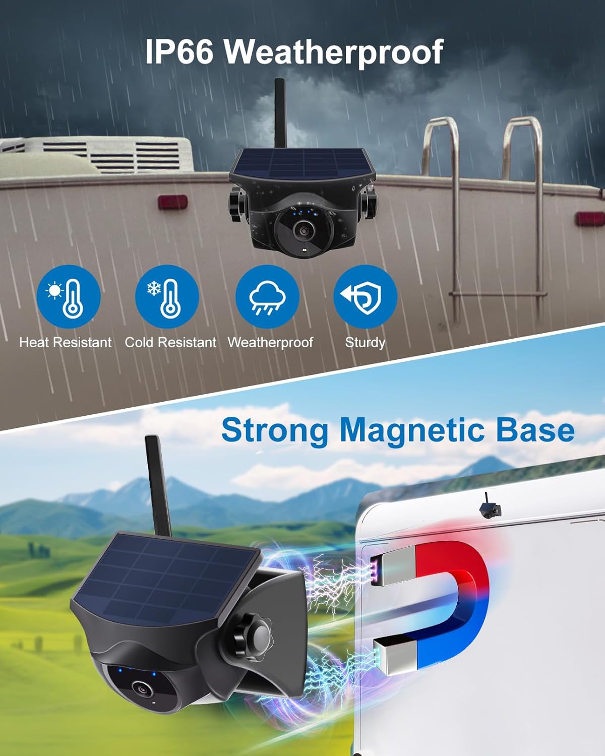 1080P Solar Wireless Backup Camera, Magnetic WiFi Hitching Camera, Night Vision,365 Days Standby, Rechargeable Battery, Rear/Front View for Horse Trailer Pickup RV Car for Phone Pad Android