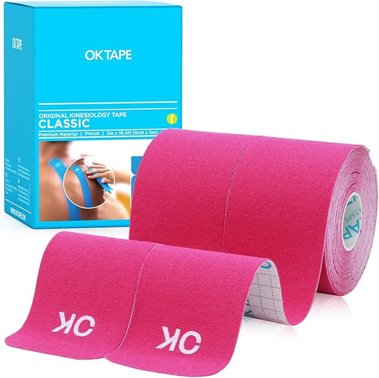 OK TAPE Kinesiology Tape 10 inches Precut, 20 Strips, Cotton Elastic Athletic Tape Latex Free, 2inch x 16ft, 2 Rolls Pink