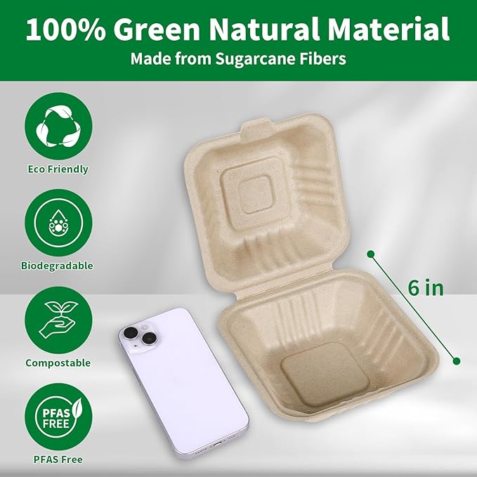 Aricsen Compostable 100 Pack 6x6 Inch Disposable Square Small Lunch Box Takeout Containers with Lid To Go Take Out Clamshell for Food, Eco-Friendly Biodegradable Bagasse, PFAS-Free, Unbleached Brown