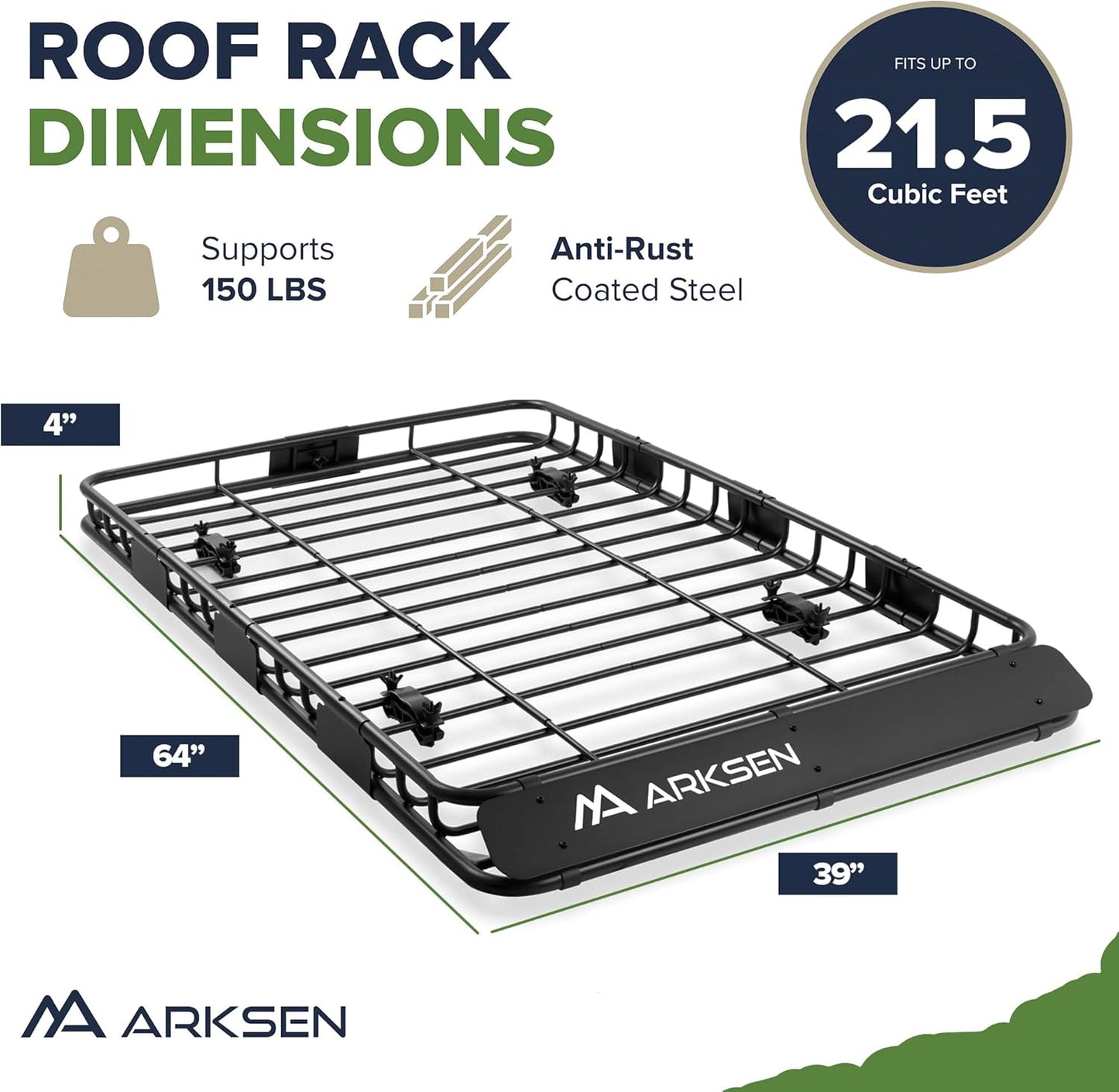 ARKSEN 64 x 39 x 4 Inch Upgrade Universal Roof Rack - 150Lbs Capacity Heavy Duty Rooftop Cargo Carrier with Extension for Car, SUV & Pickup, Durable Steel, Easy Install, Spacious Storage