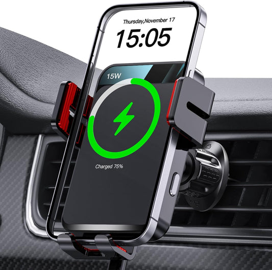 Wireless Car Charger, MOKPR Auto-Clamping Car Mount 15W/10W/7.5W Fast Charging Air Vent Car Phone Mount Compatible with iPhone 15/14/13/13 Pro/12 Pro Max/12/11/10/8 Series, Samsung Galaxy Series Red