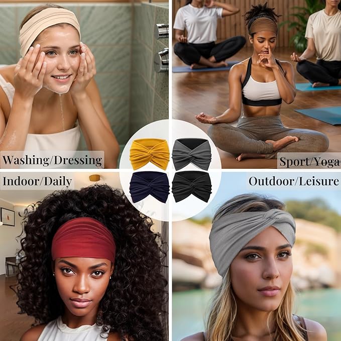 Wide Headbands for Women Yoga Running Sports Headhand Bandana Boho Non Slip Sweat Head Bands Accessories 4 Pack