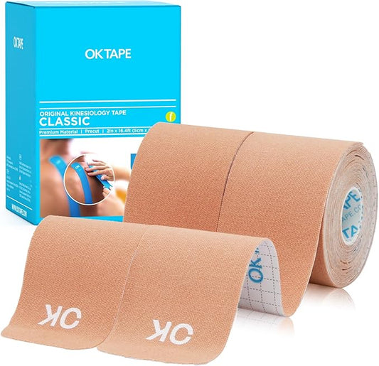 OK TAPE Kinesiology Tape 10 inches Precut, 20 Strips, Cotton Elastic Athletic Tape Latex Free, 2inch x 16ft, 2 Rolls Beige