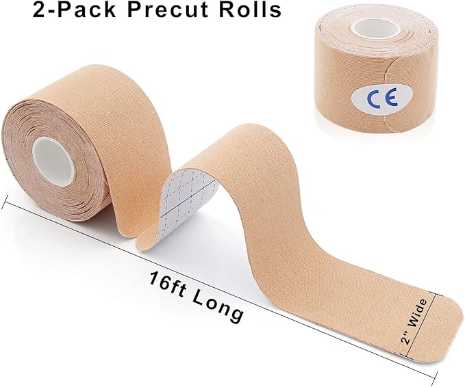 MUEUSS Kinesiology Tape,Sports Tape,Athletic Tape Elastic Cotton Precut Strips,Waterproof Tape for Muscles,Knees,Shoulders Plantar Fasciitis Pain Relief,Pregnancy Belly Tape (2rolls Black&Beige)