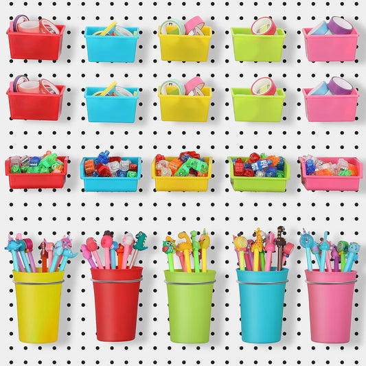 Yookeer 20 Pcs Pegboard Bins and Cups with Hooks and Loops Peg Assortment Organizer Accessories Various Tool Organizer Pegboard Baskets Set for Garage Workshop Workbench Office(Mixed Color)