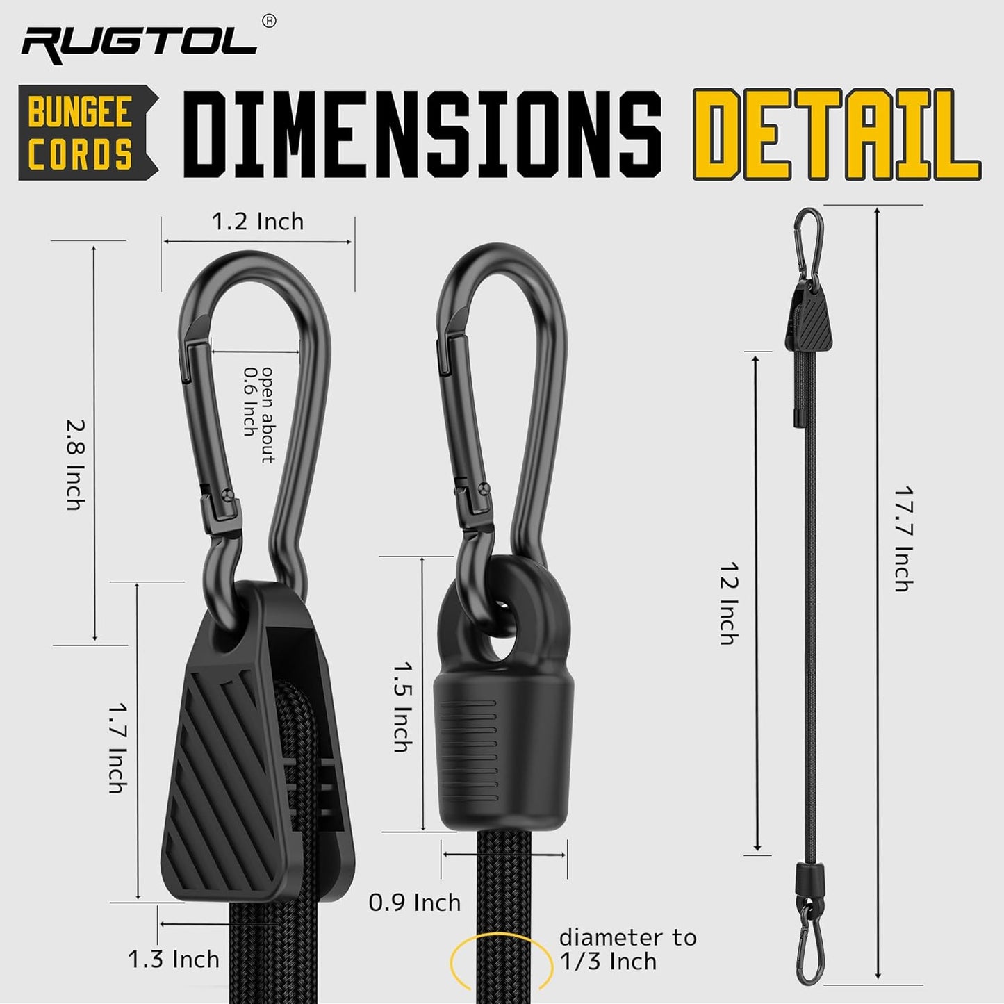 Adjustable Bungee Cords with Hooks, 6 Pack Heavy Duty Outdoor Carabiner Bungee Cord, Black Super Elastic Bungee Straps Easily Adjust from 7" to 12", Great for Cargo, Camping, Bike Racks, Tents