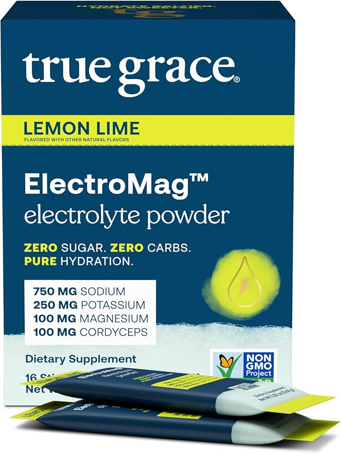 True Grace ElectroMag - 16 Stick Packs - Lemon Lime - Electrolyte Powder for Rapid Hydration - Sodium, Potassium, Magnesium & Cordyceps - Zero Sugar & Carbs - Non-GMO - 16 Total Servings