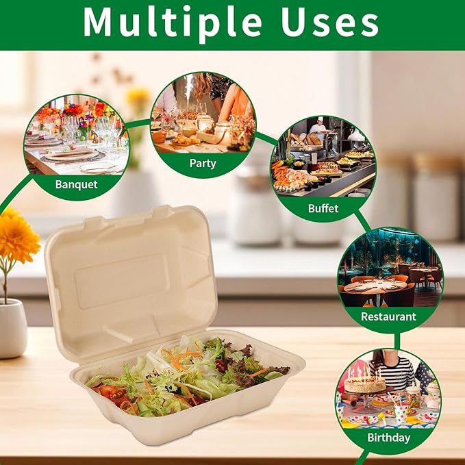 Aricsen Compostable 100 Pack 9x6 Inch Takeout Lunch Box Containers with Lid To Go Take Out Clamshell for Food, Disposable Eco-Friendly Biodegradable Bagasse, PFAS-Free, Brown