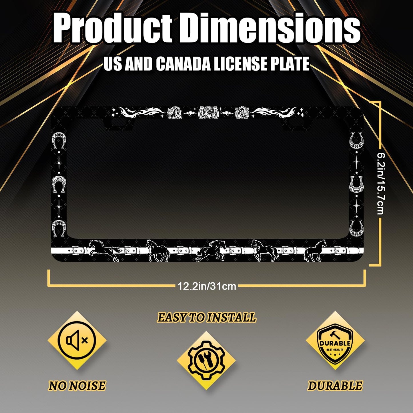 Horse License Plate Frame Horseshoe License Plate Holder for Front and Rear Car Tags Stainless Steel Auto Parts Animal Funny License Plate for Men Women Decoration with Screws 12" x 6" s