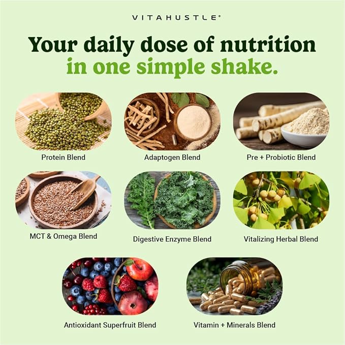 VitaHustle ONE Protein Coffee - Superfood Meal Replacement Powder, Plant Based Protein Shake Powder, Vegan. Superfoods, Vitamins, Ashwagandha, Functional Mushroom Blend (Cafe Latte) 15 Servings