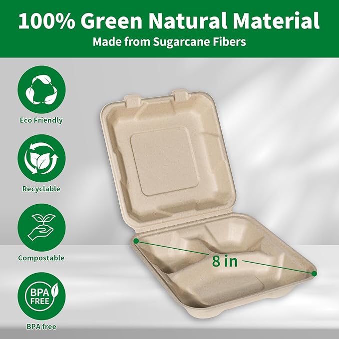 Aricsen Compostable 50 Pack 8x8 Inch 3 Compartment Takeout Lunch Box Containers with Lid, To Go Take Out Clamshell for Food, Disposable Eco-Friendly Biodegradable Bagasse, PFAS-Free, Unbleached Brown