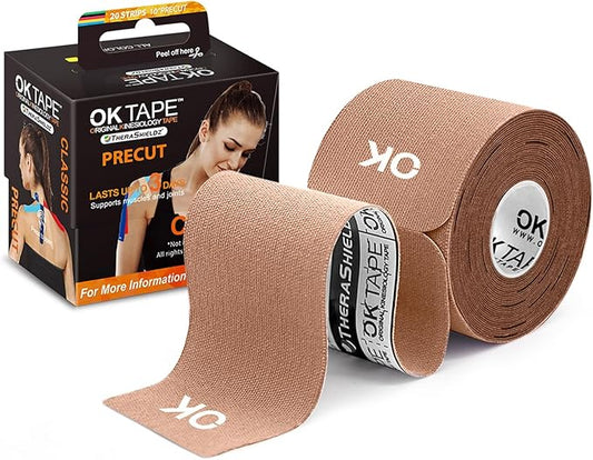 OK TAPE Kinesiology Tape 10 inches Precut, 20 Strips, Cotton Elastic Athletic Tape Latex Free, 2in x 16ft, Beige