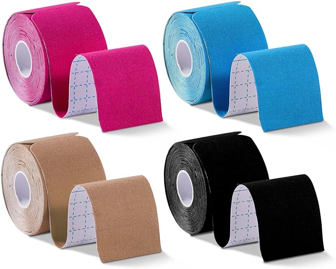 OBTANIM Waterproof Kinesiology Tape 4 Rolls Precut Strips Elastic Athletic Tape Muscle Pain Relief Sports Tape for Knee Fitness Running Tennis Swimming (Mixed Color)