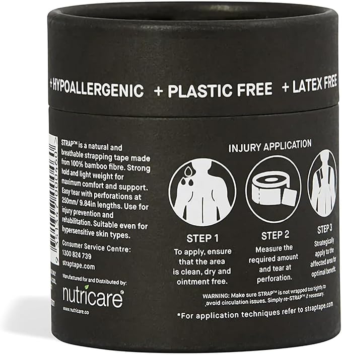 STRAP Black Bamboo Hypoallergenic Body Tape | Sports Tape, Athletic Tape, Kinesiology Tape, Tape for Sensitive Skin | Eco Friendly, Non Toxic, Latex Free, Vegan | 16.5ft Length