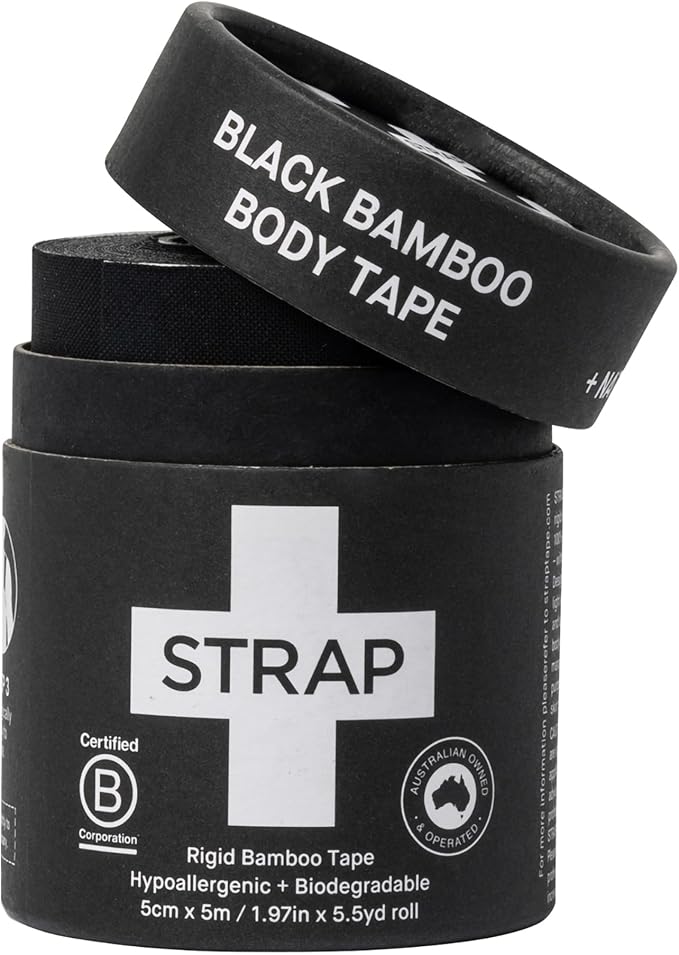 STRAP Black Bamboo Hypoallergenic Body Tape | Sports Tape, Athletic Tape, Kinesiology Tape, Tape for Sensitive Skin | Eco Friendly, Non Toxic, Latex Free, Vegan | 16.5ft Length