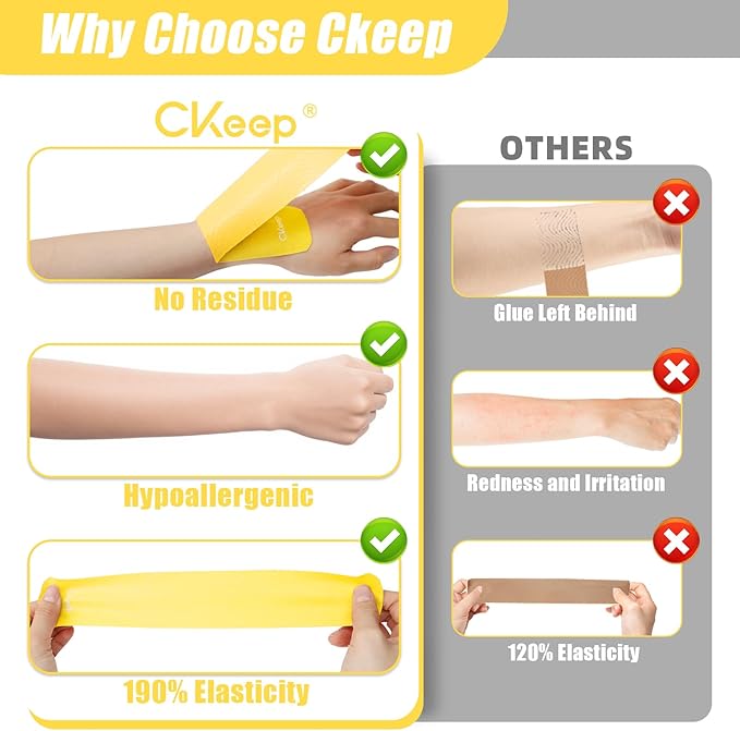 CKeep 4 Rolls Kinesiology Tape, Original Cotton Elastic Athletic Tape, 20 Precut 10" Strips Each,Yellow, Ideal for Muscle Support & Injury Prevention