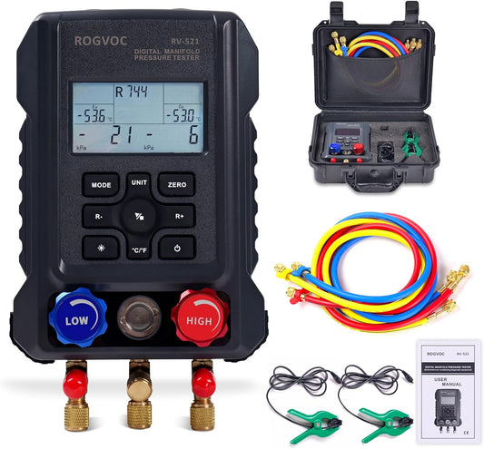 Digital Manifold Gauge, HVAC Refrigerants Digital AC Gauges Set with 2 Thermometer Clamps and 3 Hoses, for R22/R410A/R134A/1234YF Refrigerant Recharge Kit