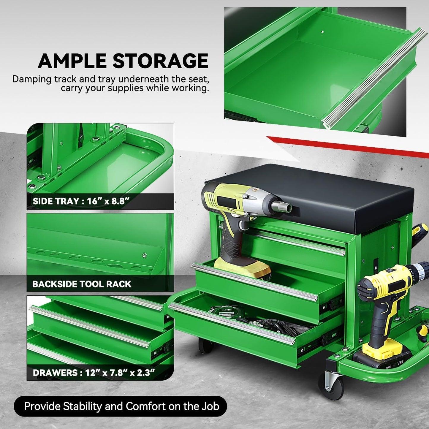 Auto Dynasty 3-Drawer Mechanic Rolling Seat, 350 LBS Capacity Roller Garage Shop Seat with Storage Tool Tray for Workshop, Repair Shop, Warehouse, Green