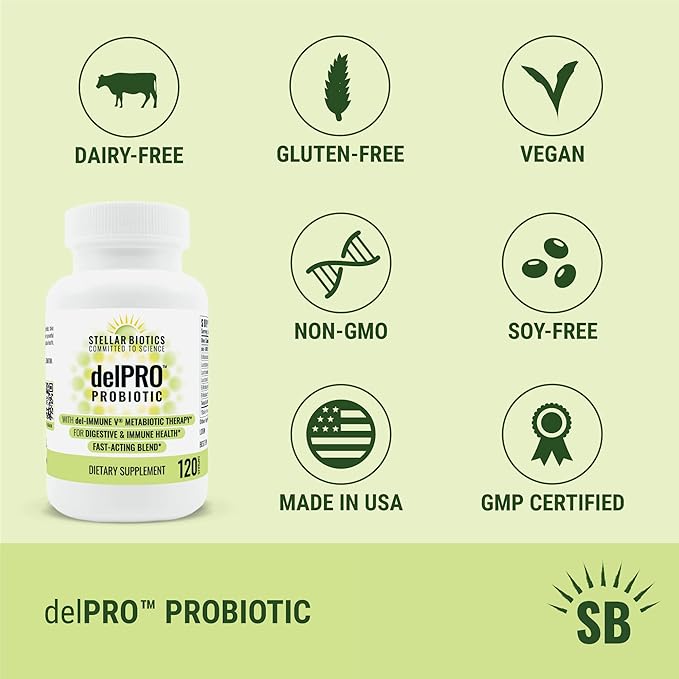 Del-Immune V® + Delpro Probiotic & Prebiotic Blend by Stellar Biotics - Promotes Optimal Gut Health, Digestion, Immune Support & Mood (120 Capsules)