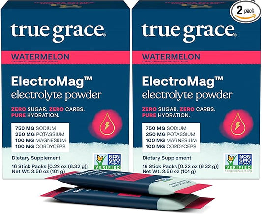 True Grace ElectroMag - 16 Stick Packs (Pack of 2) - Watermelon - Electrolyte Powder for Rapid Hydration - Sodium, Potassium, Magnesium & Cordyceps - Zero Sugar & Carbs - Non-GMO - 32 Total Servings