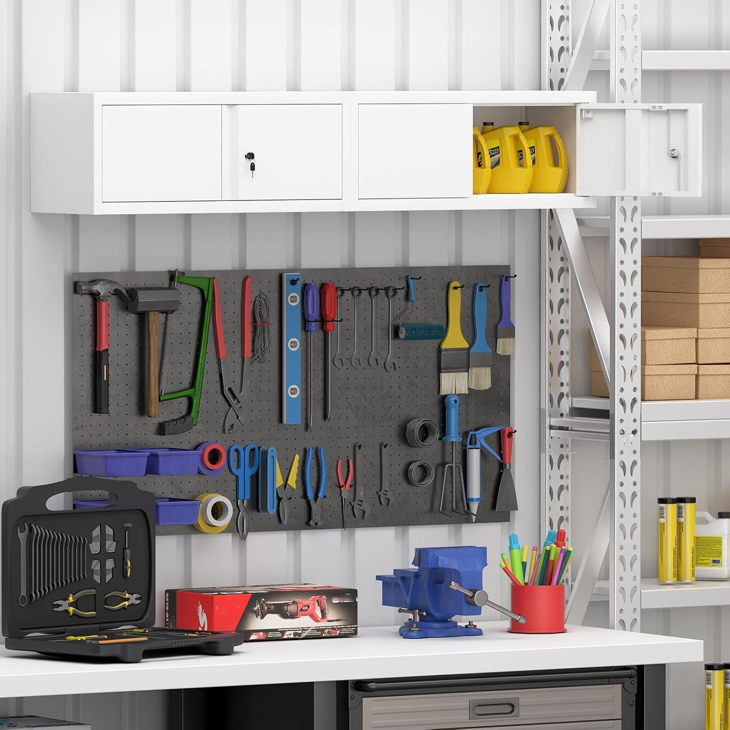 GREATMEET Locking Cabinet, Garage Storage Cabinet, Metal Wall Mounted Storage Cabinets with Doors for Garage, Hanging Floating (White, 13" H)