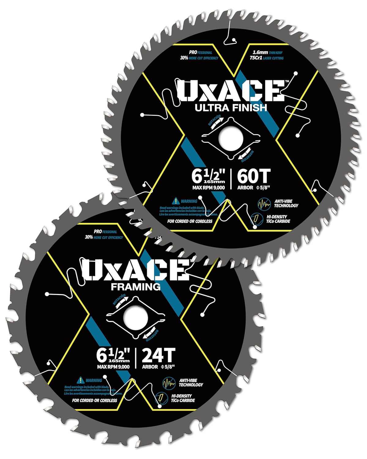 6-1/2-Inch 24&60-Tooth Circular Saw Blade with 5/8-Inch Arbor, Framing & Ultra Finish Wood Cutting, Carbide Tip, Thin Kerf, for Plywood, MDF, OSB, Laminated, 2 Pack