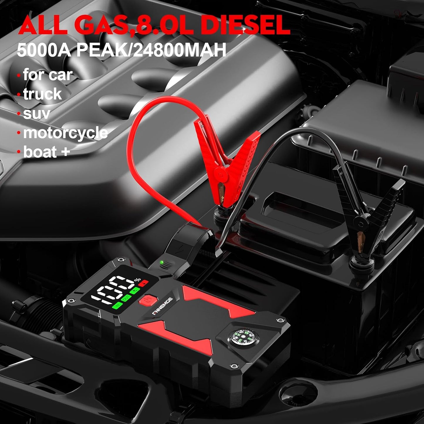 Car Jump Starter, 5000A Peak 24800mAh 12V Car Battery Starter(Up to All Gas, 8.0L Diesel Engine), with with USB Charge Output Port,LED Light,HD Large Screen,12V EC-5 Output.