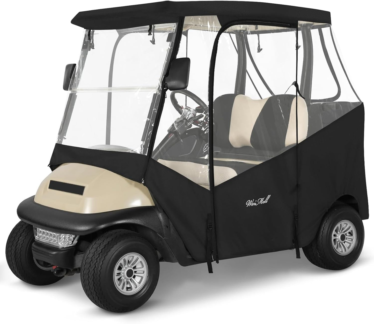 Golf Cart Enclosure 2 Passenger for Club Car Precedent & Tempo & Onward 2-Person Seaters Waterproof Transparent Driving Rain Enclosure Cover with 4-Sided Clear Windows Mirror Zipper Roll-Up Door Black