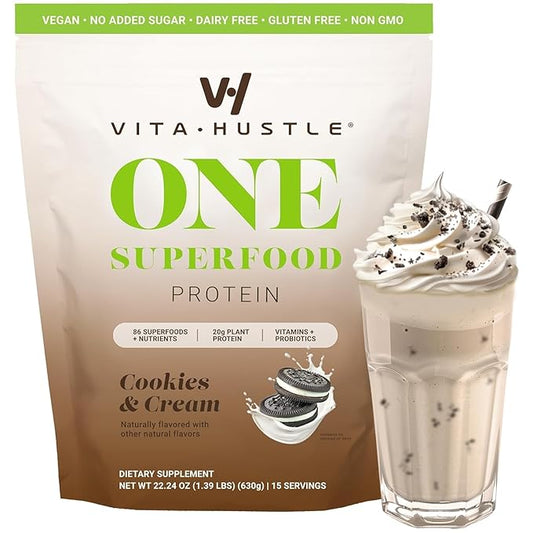 VitaHustle ONE Meal Replacement Shake - Plant Based Protein Powder by Kevin Hart - Vegan, Meal Replacement Powder with Superfoods, Vitamins, Adaptogens & Probiotics - Cookies and Cream Flavor, 15 Servings
