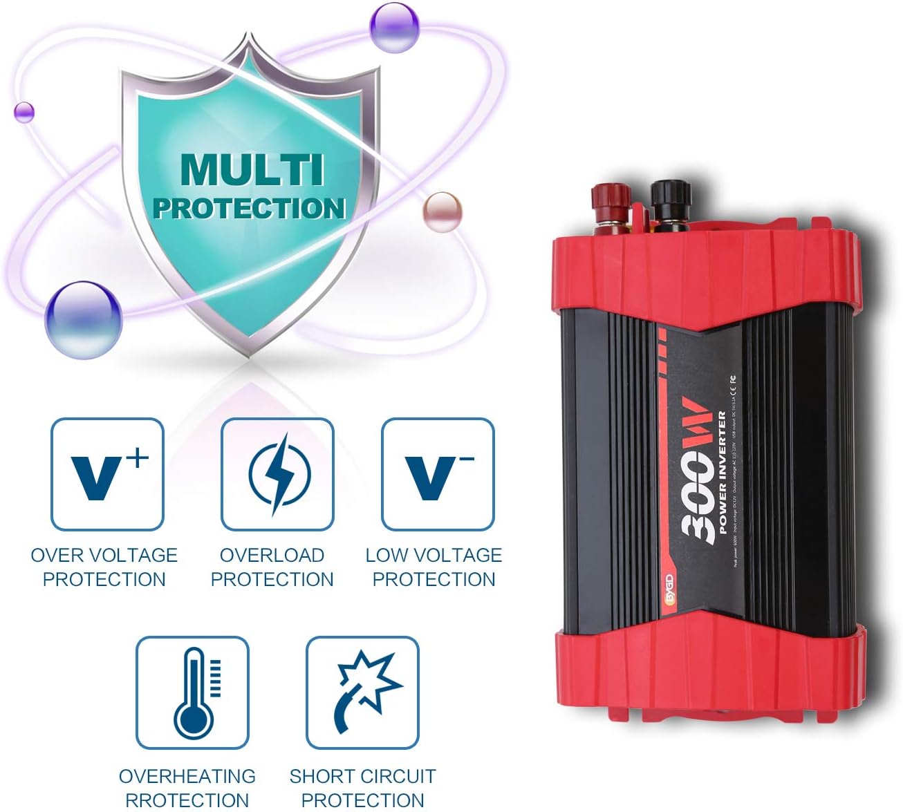 BYGD 300W Car Power Inverter, DC 12V to 110V AC Vehicle Plug Adapter Converter with 4 USB Quick Charging Ports and Dual AC Outlets Car Charger Equipped Cigarette Lighter Cable and Battery Clamps Red