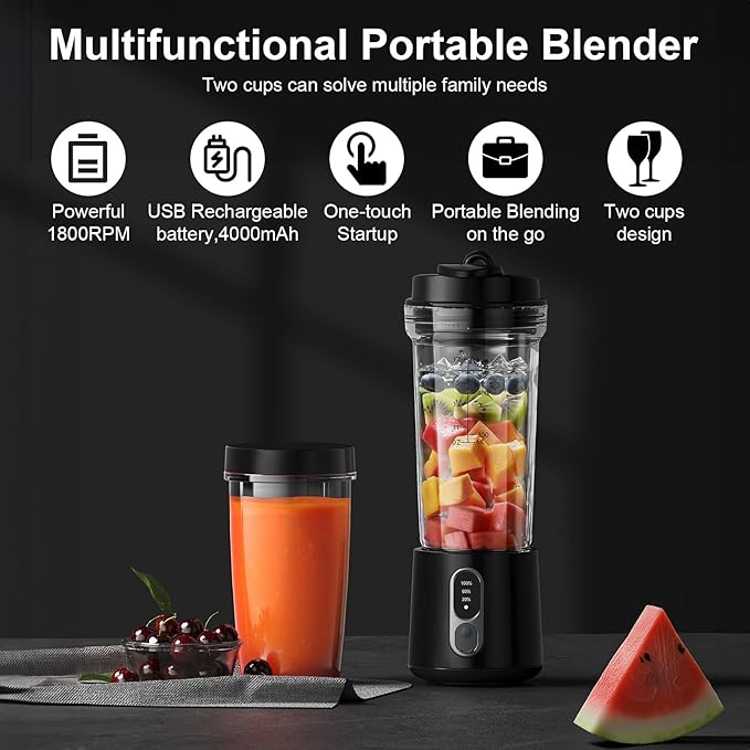 Portable Blender for Smoothies and Shakes, 2 Portable Blender Cups, 17 &10 oz Cordless Personal Small Blender with Straw Brush&Lid, USB-C Rechargeable, Quiet Mini Travel Blender, Black