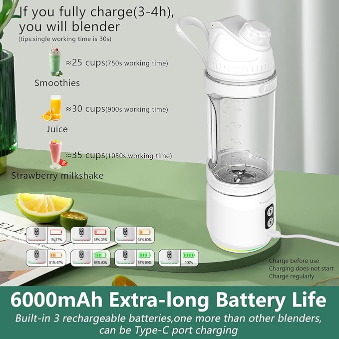 Portable Blender for Shakes and Smoothies, 24oz Travel Blender 300Watt on the Go Blender Type-C Rechargeable Personal Blender with a Travel Lid & 2 Working Mode BPA Free Bottle(White)
