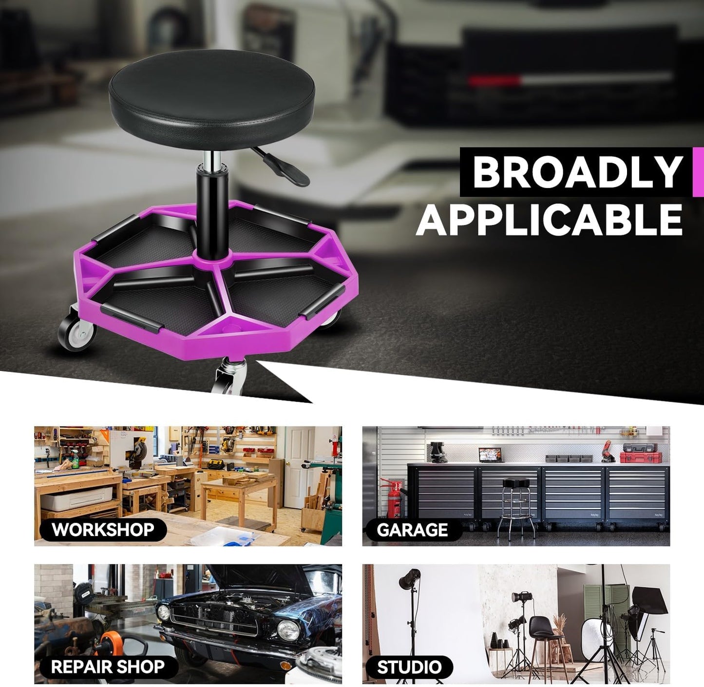 Auto Dynasty Mechanic Stool, Adjustable Rolling Pneumatic Creeper Garage Shop Seat with Tool Tray, 300 LBS Roller Seat for Workshop Auto Repair, Adjustable Height 15.7" to 21", Purple