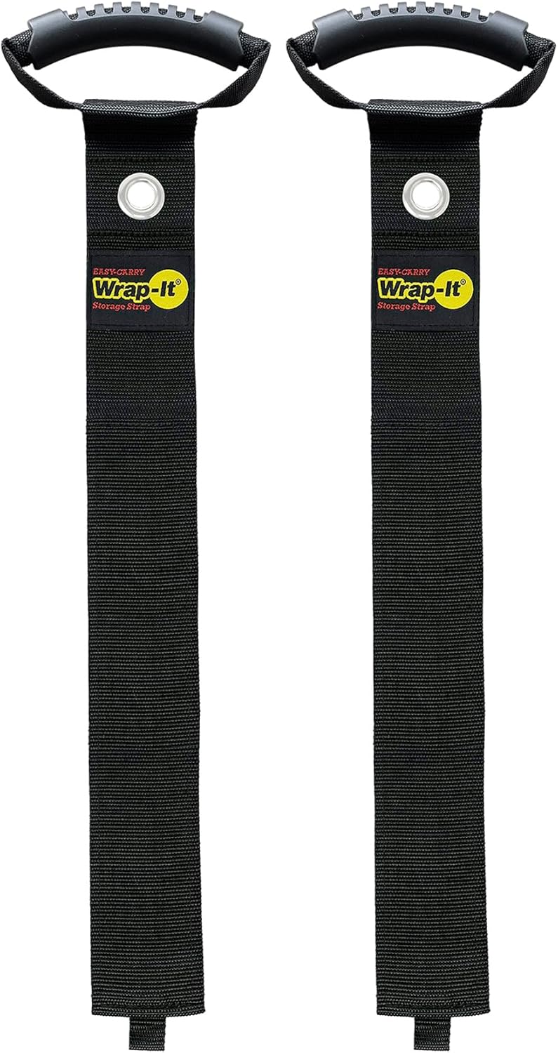 Easy-Carry Wrap-It Storage Straps - 48” (2-Pack) Black with Grommet - Garden Hose Caddy and Cord Wrap for Indoor and Outdoor Cable Organizing