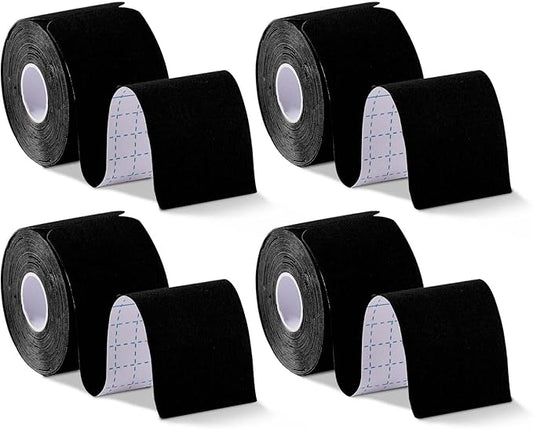OBTANIM Waterproof Kinesiology Tape 4 Rolls Precut Strips Elastic Athletic Tape Muscle Pain Relief Sports Tape for Knee Fitness Running Tennis Swimming (Black)