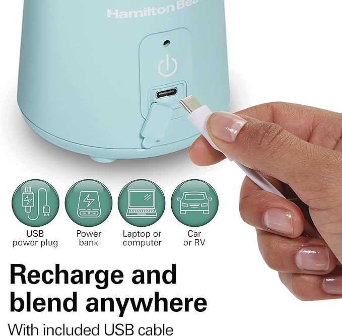 Hamilton Beach Mini Cordless Portable Personal Blender for Shakes and Smoothies, USB Rechargeable, 16 oz. Jar with Leakproof Travel Lid, 6 Stainless Steel Blades, Blue (51182)